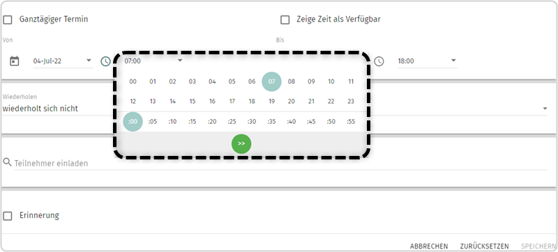 Terminanlage: Uhrzeit Auswahlmöglichkeiten markiert