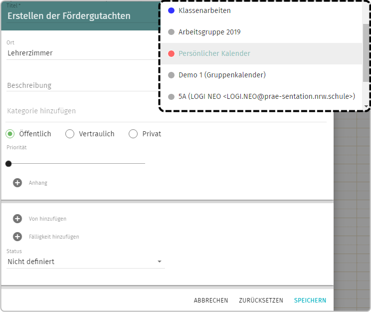 Aufgaben erstellen-Menü: Drop-down-Menü Kalenderauswahl