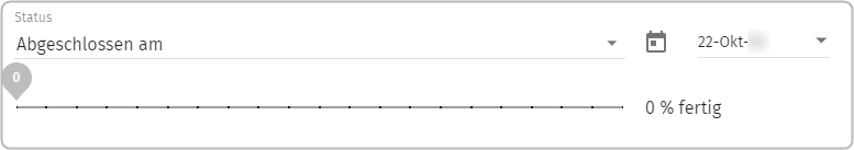 Status: Abgeschlossen am, Datum-Icon, Datum, Strahl mit Positionseinstellung 0, 0% fertig