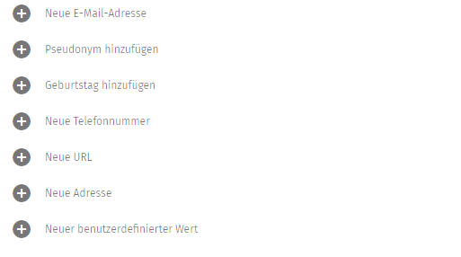 Kontaktdaten: Neue E-Mail-Adresse, Pseudonym hinzufügen, Geburtstag hinzufügen, neue Telefonnummer, neue URL, neue Adresse und neuer benutzerdefinierter Wert