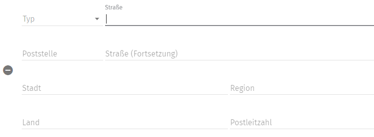 Adressfeld Typ, Straße, Poststelle, Straße (Fortsetzung), Stadt, Region, Land, Postleitzahl