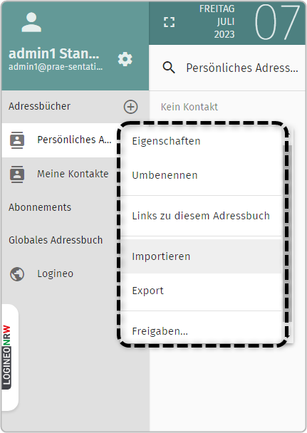 Auswahlmöglichkeit Bearbeitungsoptionen persönliches Adressbuch: Eigenschaften, Umbenennen, Importieren, Export, Benutzerrechte