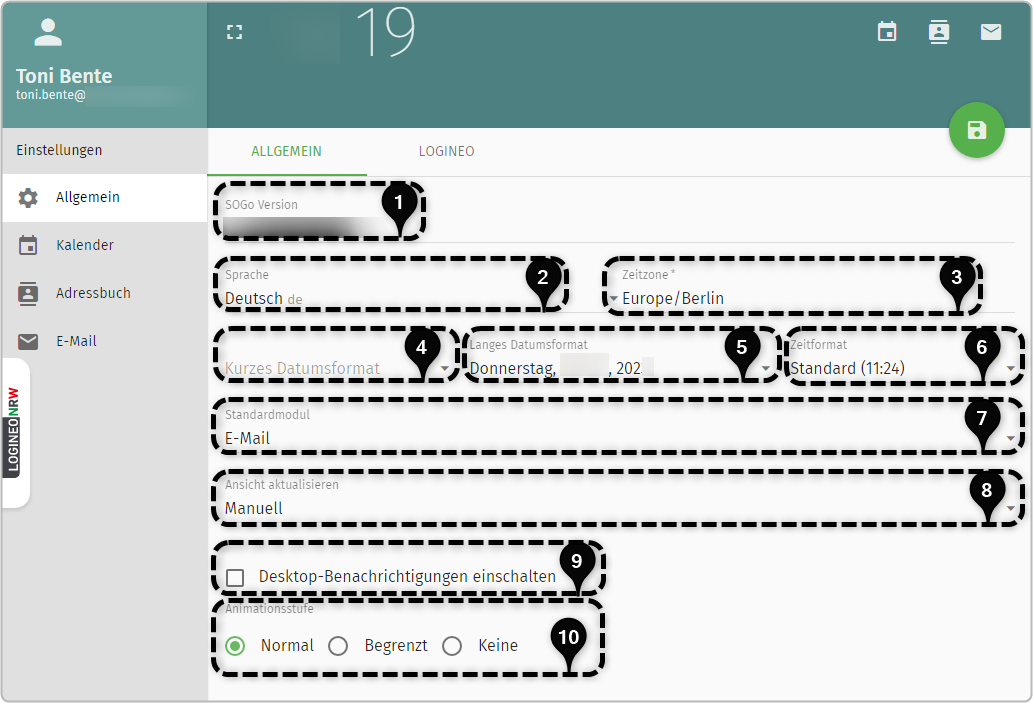 Übersicht der Einstellungen unter "Allgemeines" in der Groupware, Bereiche markiert (Nummern 1- 10)