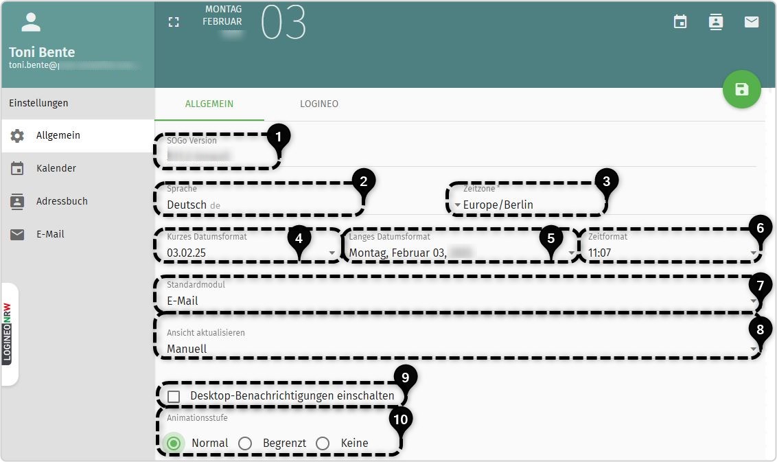 Übersicht der Einstellungen unter "Allgemeines" in der Groupware, Bereiche markiert (Nummern 1- 10)