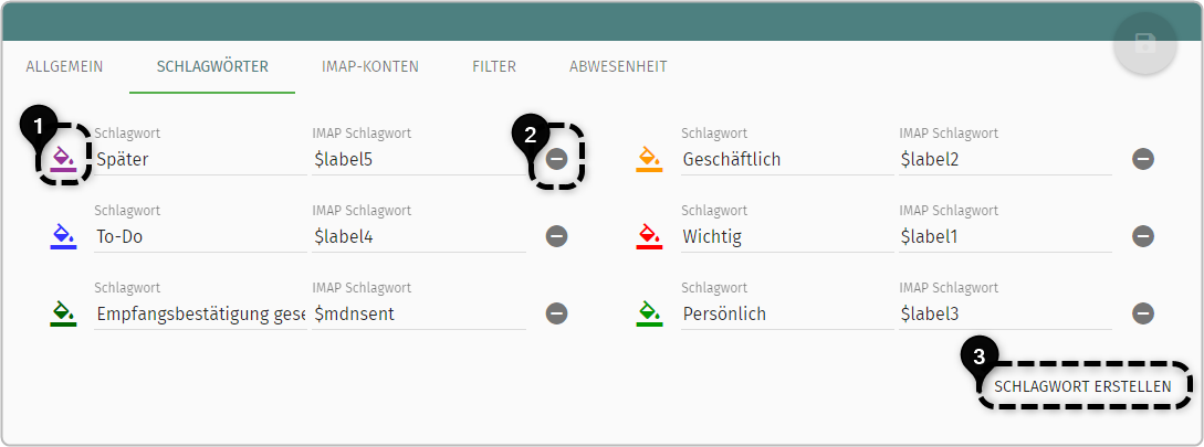 Übersicht Einstellungen Schlagwörter