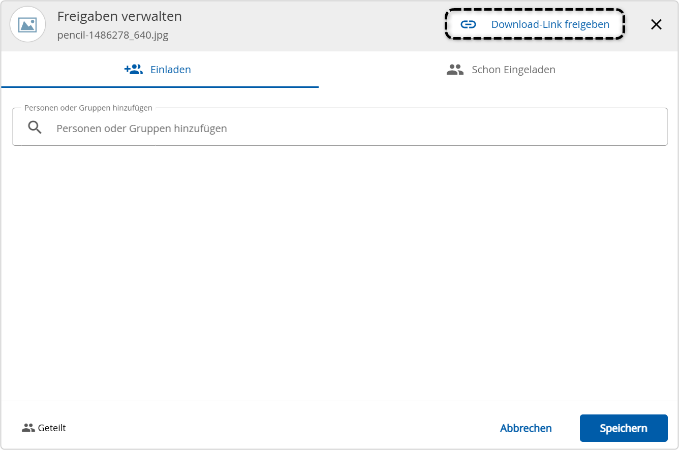 Freigabedialog in der Bildungscloud mit Markierung des Buttons zum Aufruf der Funktion "Download-Link freigeben"