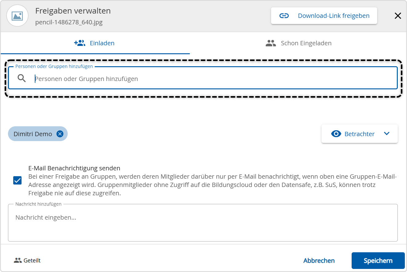 Freigabedialog in der Bildungscloud zur Auswahl der Rollen (Betrachter, Mitarbeiter oder Koordinator), für die die Datei freigegeben wird