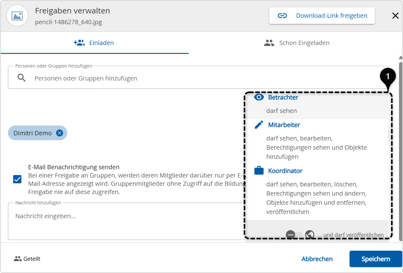 Freigabedialog in der Bildungscloud zur Auswahl der Rollen (Betrachter, Mitarbeiter oder Koordinator), für die die Datei freigegeben wird