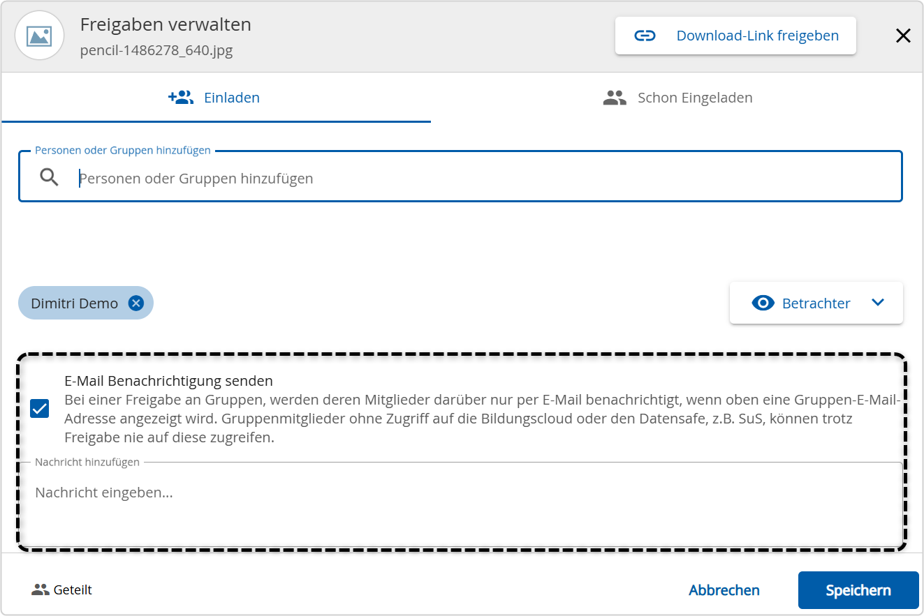 Freigabedialog in der Bildungscloud zur Auswahl, ob Personen oder Gruppen über die Freigabe per E-Mail benachrichtigt werden sollen (mit Eingabefeld für einen Benachrichtigungstext)