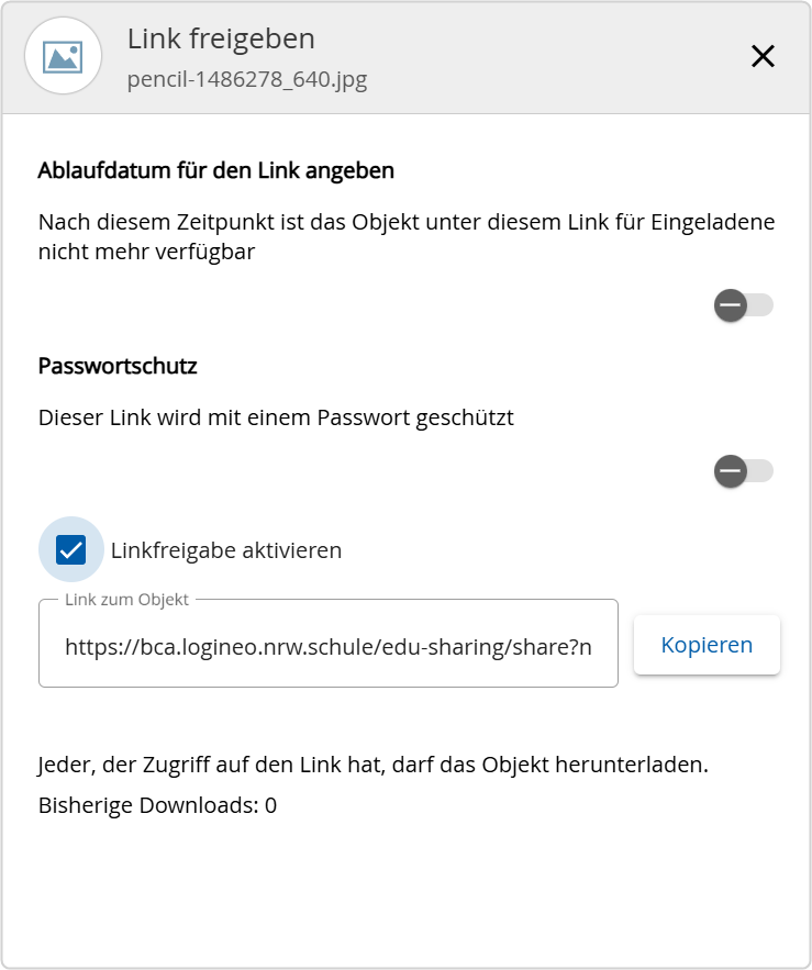 Freigabedialog in der Bildungscloud mit Anzeige Übersicht zur Freigabe per Downloadlink
