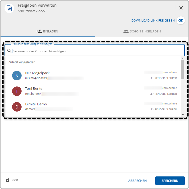 Freigabedialog in der Bildungscloud zur Auswahl der Personen oder Gruppen, für die die Datei freigegeben werden soll