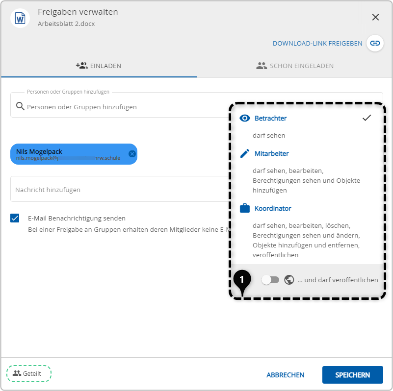 Freigabedialog in der Bildungscloud zur Auswahl der Rollen (Betrachter, Mitarbeiter oder Koordinator), für die die Datei freigegeben wird