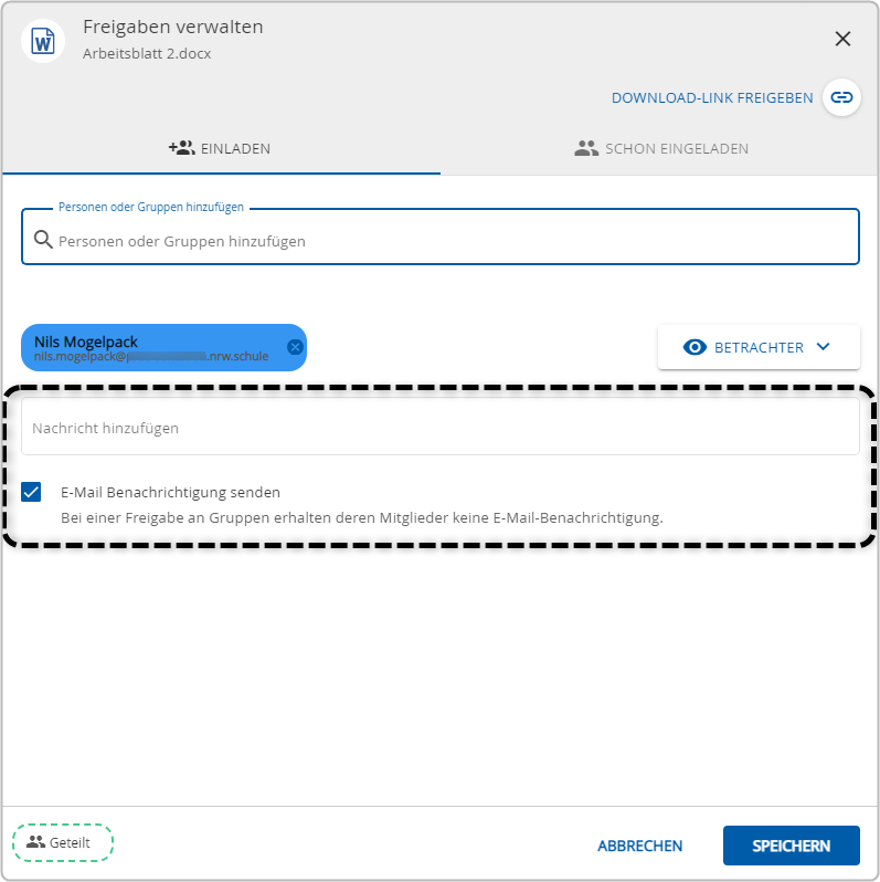 Freigabedialog in der Bildungscloud zur Auswahl, ob Personen oder Gruppen über die Freigabe per E-Mail benachrichtigt werden sollen (mit Eingabefeld für einen Benachrichtigungstext)