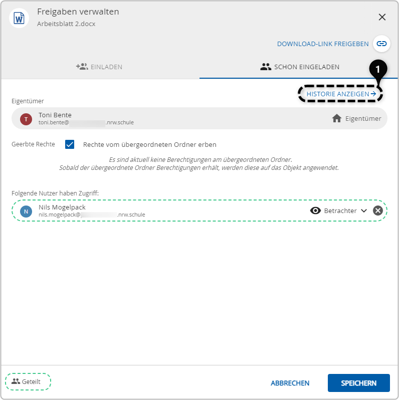 Freigabedialog in der Bildungscloud mit Markierung des Buttons zur Anzeige der Freigabe-Historie