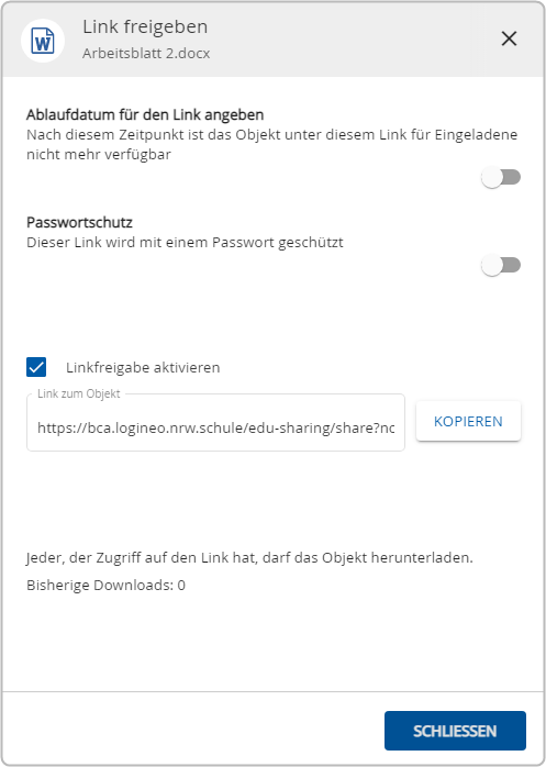 Freigabedialog in der Bildungscloud mit Anzeige Übersicht zur Freigabe per Downloadlink