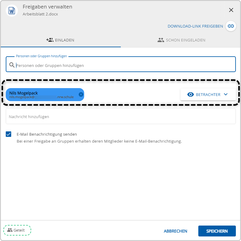 Freigabedialog in der Bildungscloud zur Auswahl der Rollen (Betrachter, Mitarbeiter oder Koordinator), für die die Datei freigegeben wird