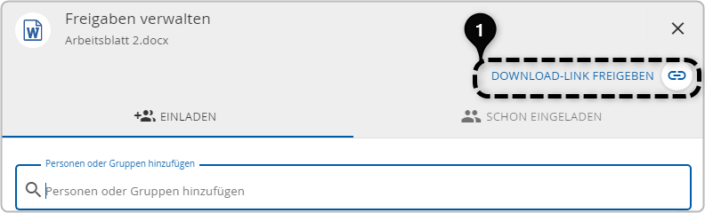 Freigabedialog in der Bildungscloud mit Markierung des Buttons zum Aufruf der Funktion "Download-Link freigeben"