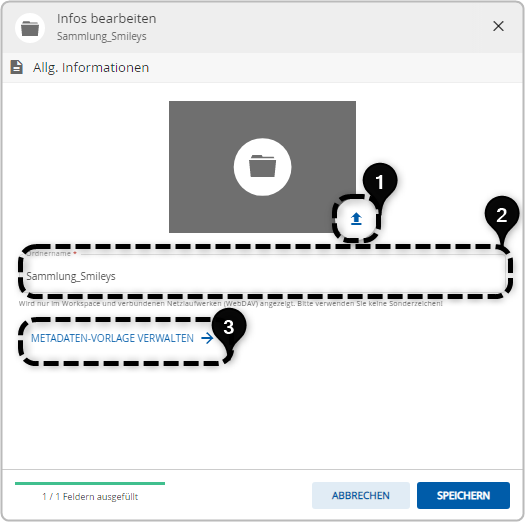 Infos bearbeiten: 1. Hochladebutton neben dem Bild Ordnervorschaubild, 2. Eingabefeld Ordnername, 3. Metadaten-Vorlage verwalten