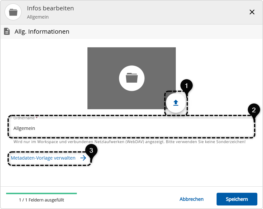 Infos bearbeiten: 1. Hochladebutton neben dem Bild Ordnervorschaubild, 2. Eingabefeld Ordnername, 3. Metadaten-Vorlage verwalten