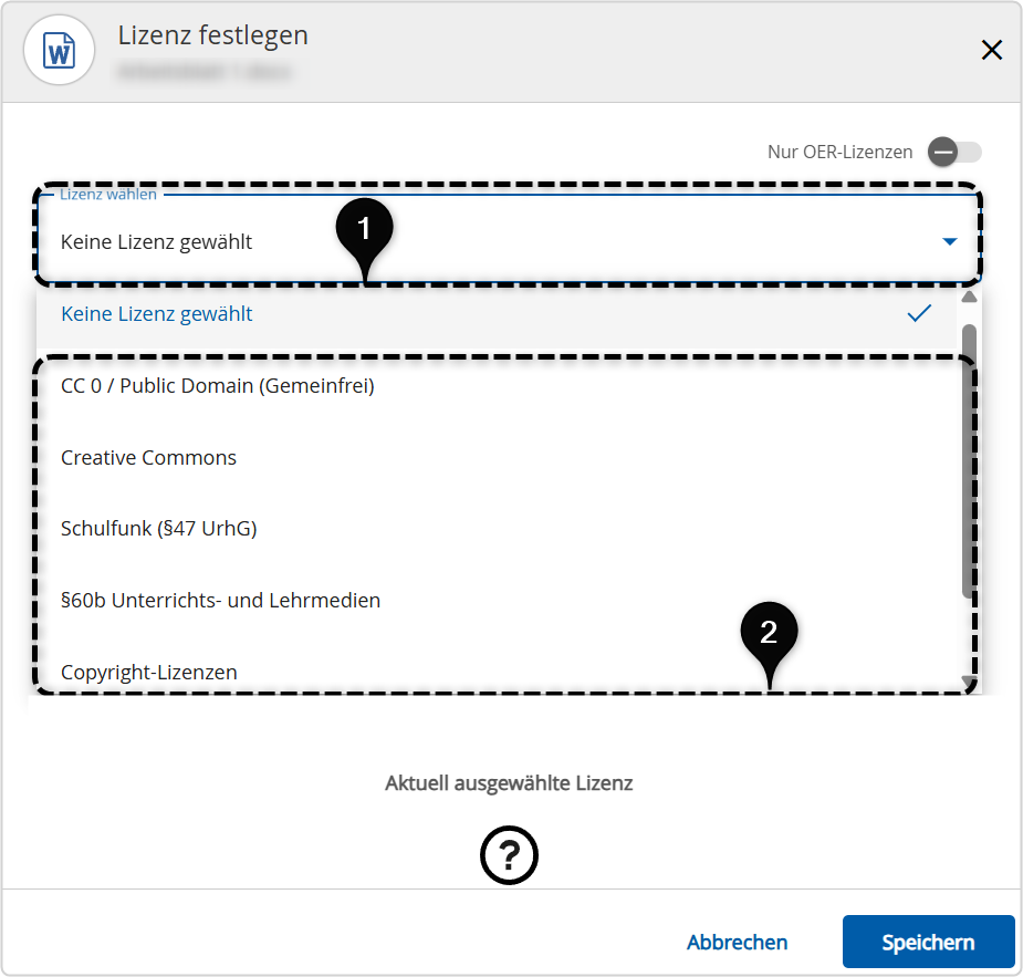 Nr. 1 Keine Lizenz gewählt. 2 Auswahl CCO, Creatice Common, Schulfunk (§47 UrhG), §60b Unterrichts-und Lehrmedien, Copyright