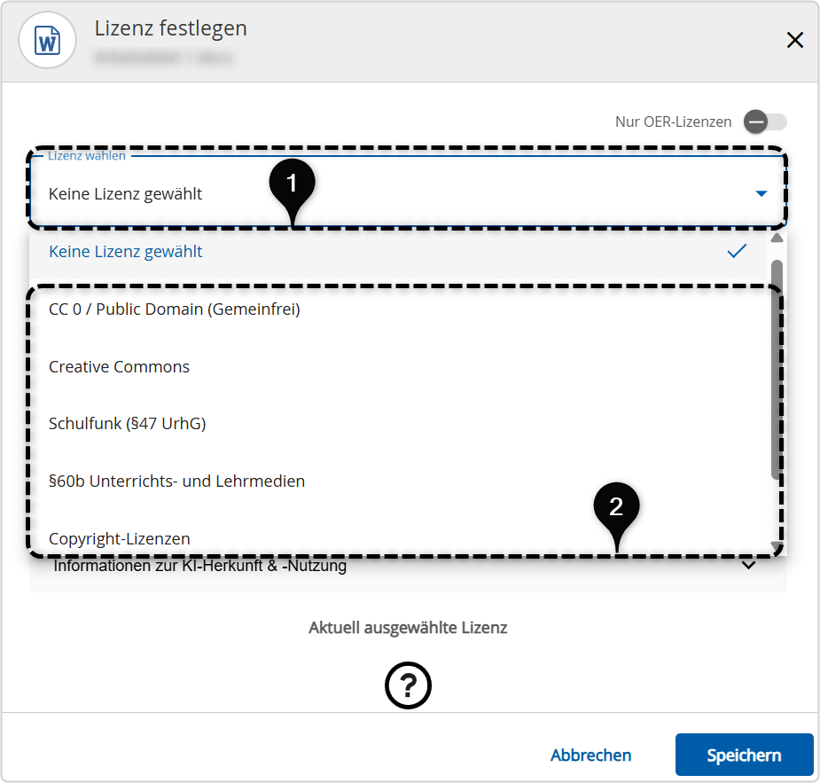Aufgeklapptes Dropdown-Menü mit der Aufzählung der Lizenzoptionen für eine Datei