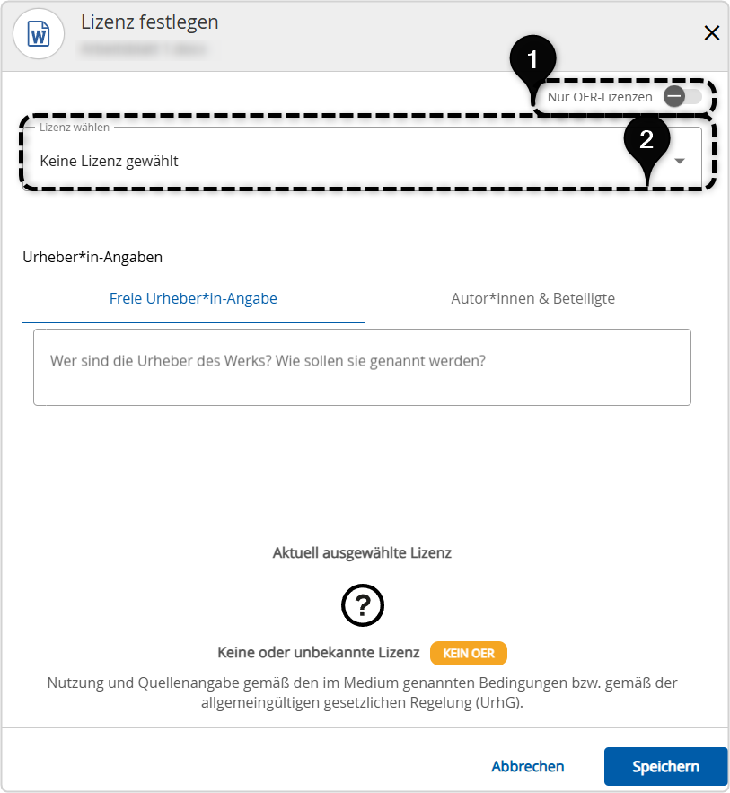 Lizenz festlegen Nr. 1 Nur OER-Lizenzen, Nr.2 Keine Lizenz gewählt.