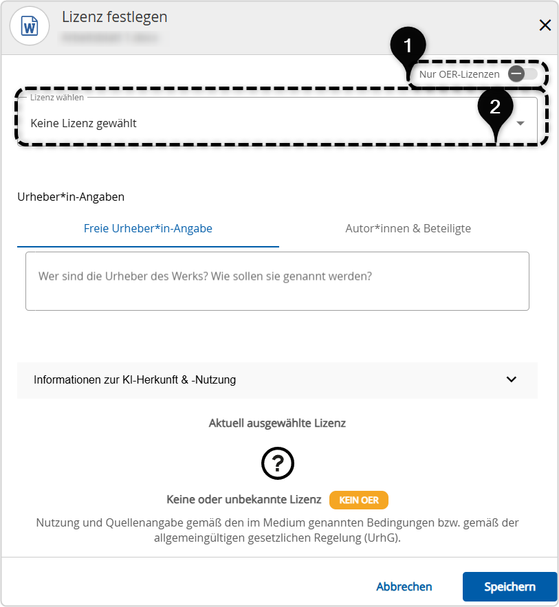 Menü zur Auswahl aller Lizenzen, Markierung des Schiebereglers (nach links gezogen) und des Pfeils zum Öffnen des Auswahlmenüs als Dropdown-Menü