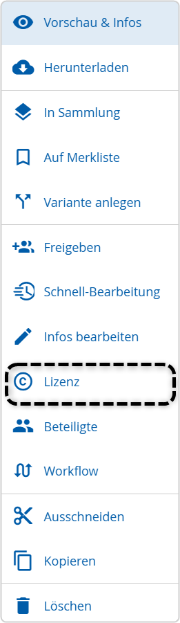 Auswahl Dreipunktemenü mit Markierung der Option "Lizenz"