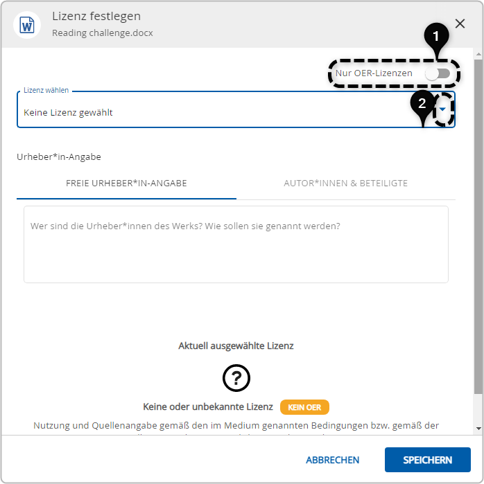 Menü zur Auswahl aller Lizenzen, Markierung des Schiebereglers (nach links gezogen) und des Pfeils zum Öffnen des Auswahlmenüs als Dropdown-Menü