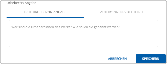 Feld zur Eingabe der Angaben zur UrheberInnenschaft (freie Angabe zur Urheberin bzw. zum Urheber der Datei)