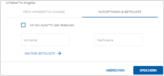 Feld zur freien Angabe der an der Datei beteiligten Autorinnen bzw. Autoren und Beteiligten