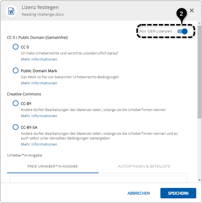 Menü zur Festlegung von Lizenzen auf Dateien - Markierung des Schiebereglers zur Auswahl "Nur OER-Lizenzen"