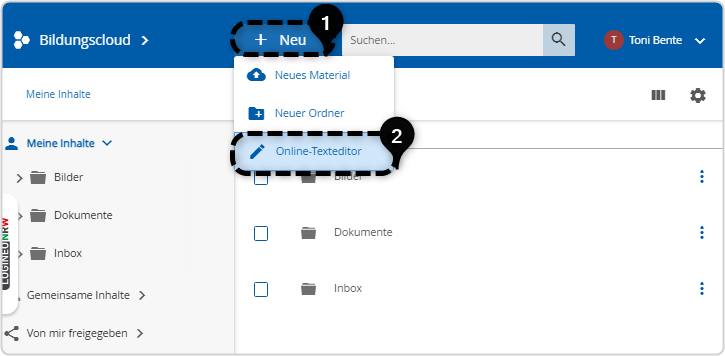 Bildungscloud Nummer 1 "Neu", Nummer 2 im Ausklappmenü von Neu "Online-Texteditor"