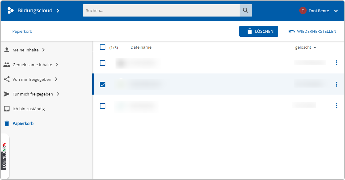 Papierkorb Bildungscloud mit Optionen Löschen / Wiederherstellen
