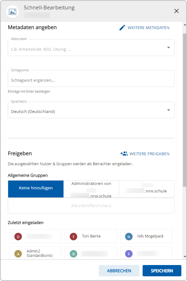 Dialogfeld "Schnell-Bearbeitung" zur Ergänzung von Informationen zu einem Objekt