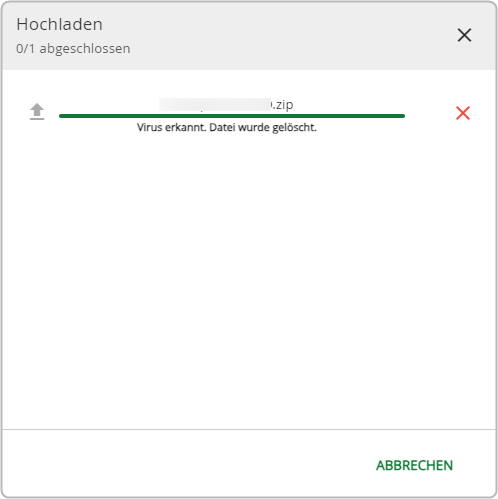 Hochladedialog: Fehlermeldung beim Dateiupload: "Virus erkannt. Datei wurde gelöscht."