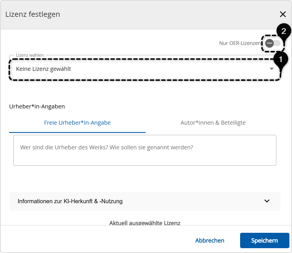 Auswahlmöglichkeiten zu vergebender Lizenzen für das ausgewählte Serien-Objekt 1. Lizenz wählen, 2. Schieberegler nur OER