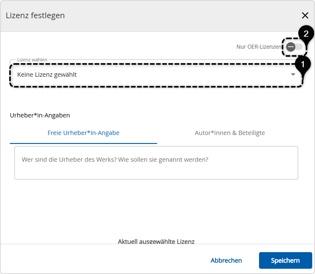 Auswahlmöglichkeiten zu vergebender Lizenzen für das ausgewählte Serien-Objekt 1. Lizenz wählen, 2. 