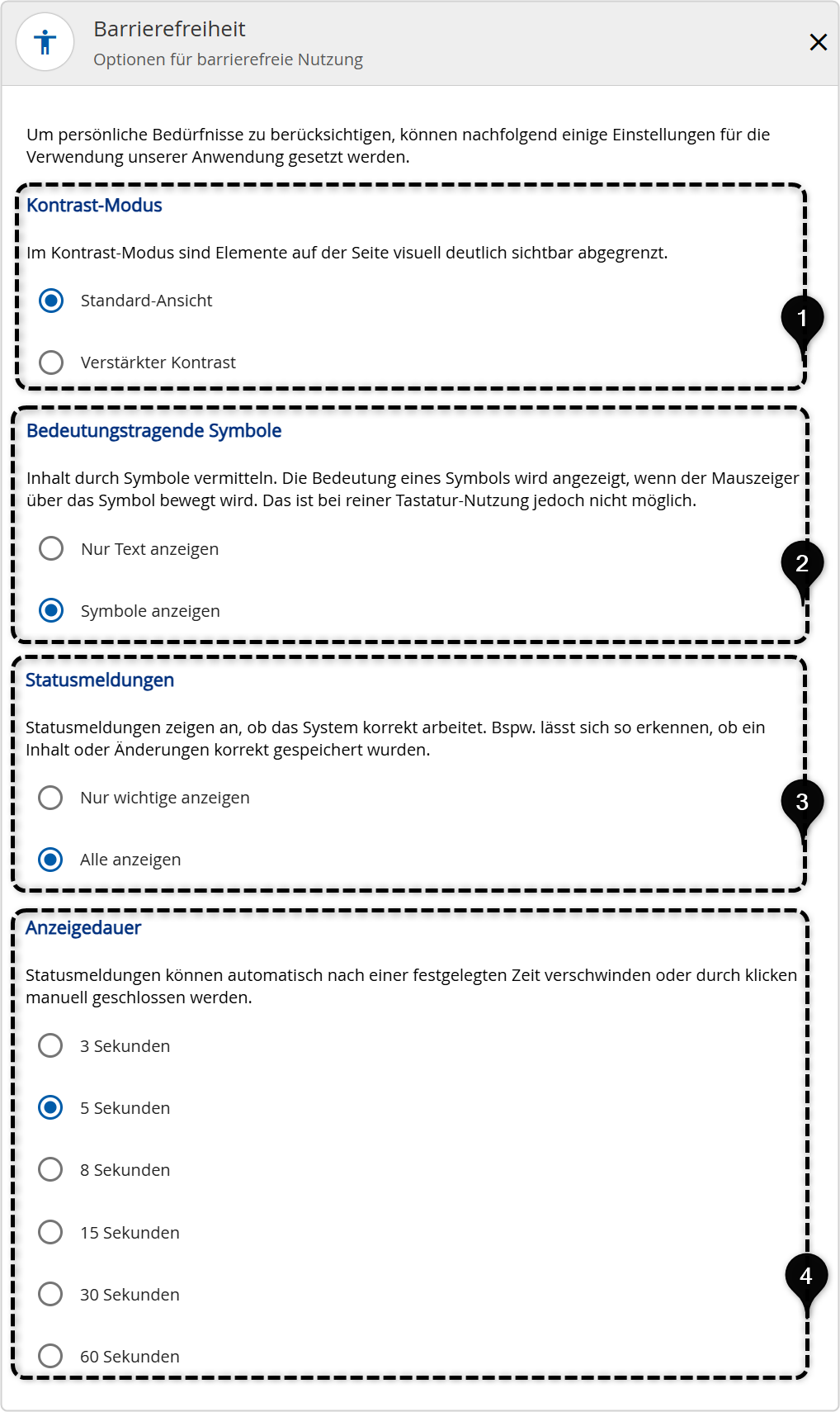 Auswahlmöglichkeiten Barrierefreiheit: Kontrasmodus, Symbole Anzeige von Statusmeldungen, Anzeigedauer der Statusmeldungen
