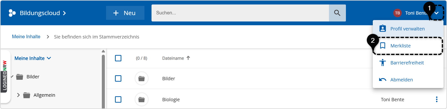 Klick auf Dreieck (1) und Merkliste (2)