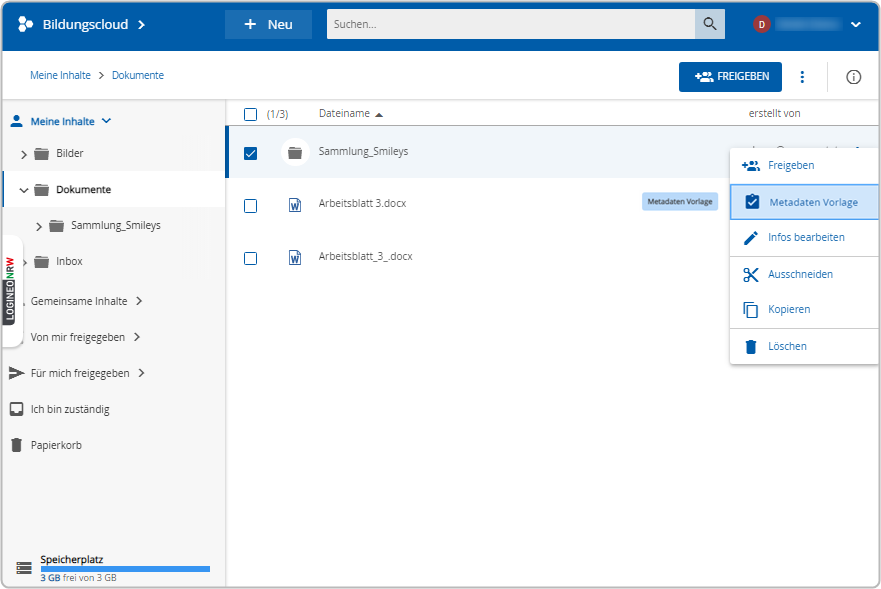 Dreipunkte Drop-down-Menü Metadaten Vorlage aktiv, Tooltip: Metadaten Vorlage 