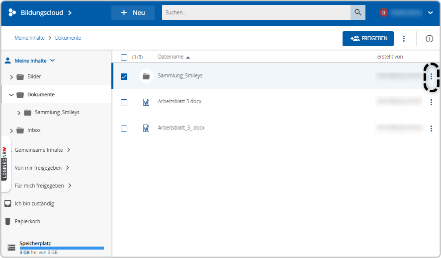 Inhaltsbereich Bildungscloud Ordner angewählt Dreipunkte hinter Ordner markiert