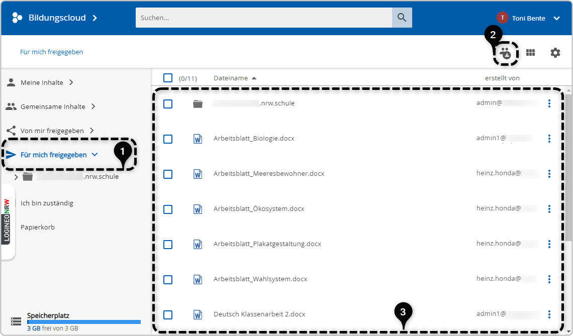 Übersicht Bildungscloud: Bereich "Für mich freigegeben" mit Markierungen: Für mich freigegeben, Freigaben-Empfänger umschalten, Inhaltsübersicht