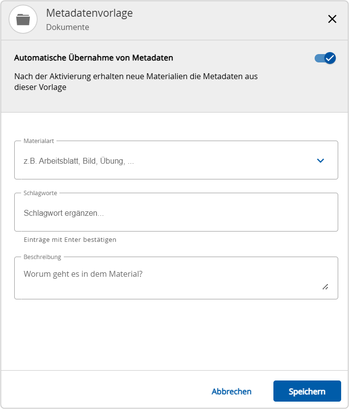 Menü Metadatenvorlage: automatische Übernahme von Metadaten angehakt.