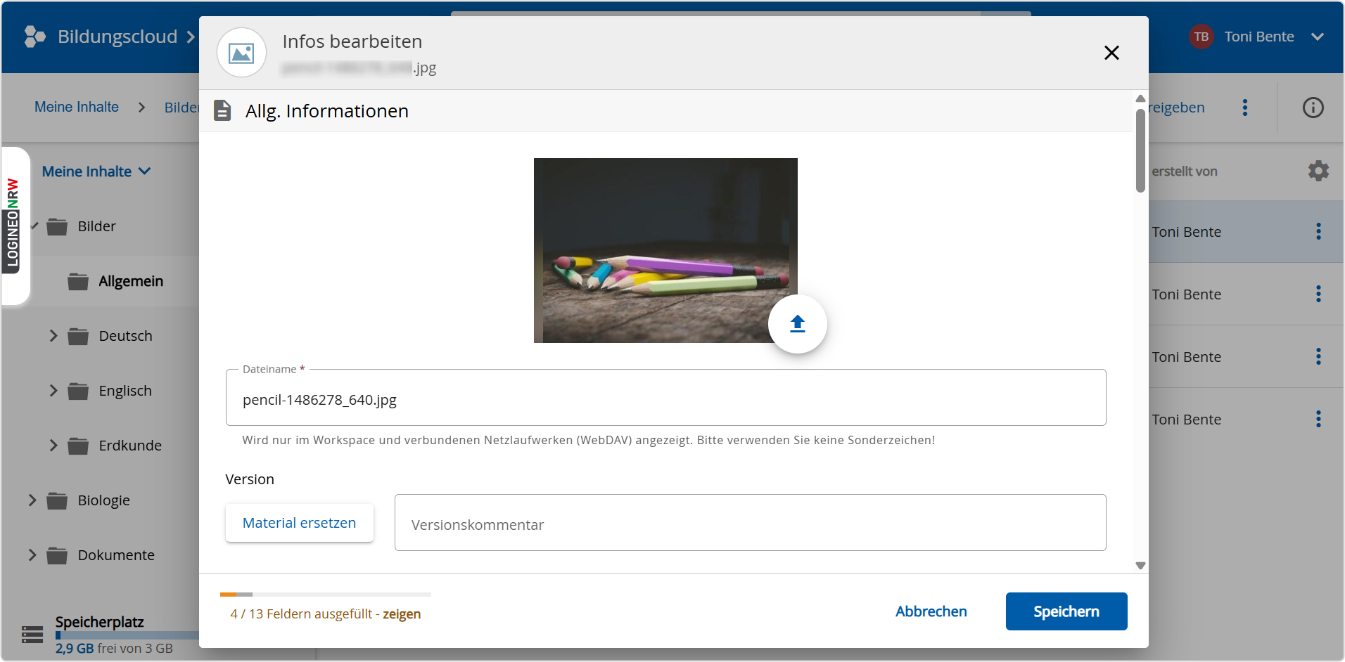 Menü Infos bearbeiten