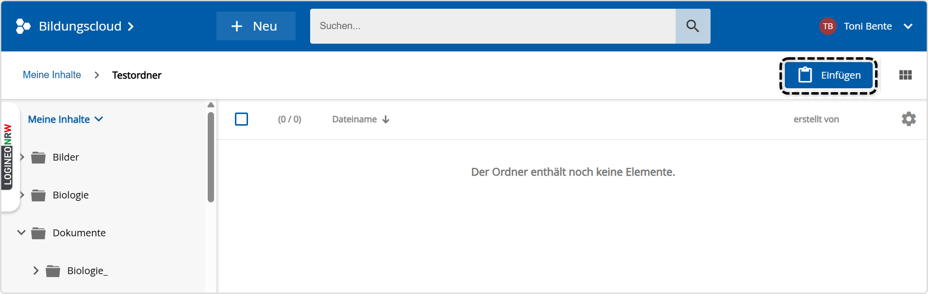 in leerem Ordner Einfügen markiert