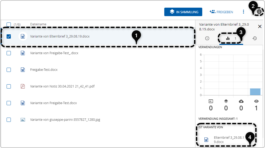 1 angewählte Datei im Dateiverzeichnis, 2 i-Icon, 3 Statistik-Symbol, Ist Variante von  enthält Datei