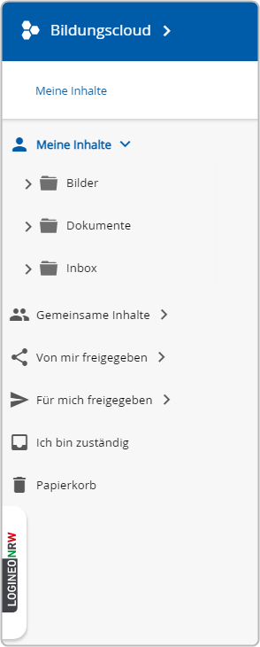 Übersicht der Ordner in der Bildungscloud (Meine Inhalte, Gemeinsame Inhalte, Von mir freigegeben, Für mich freigegeben,  Ich bin zuständig, Papierkorb), ausgewählt ist hier: Ich bin zuständig