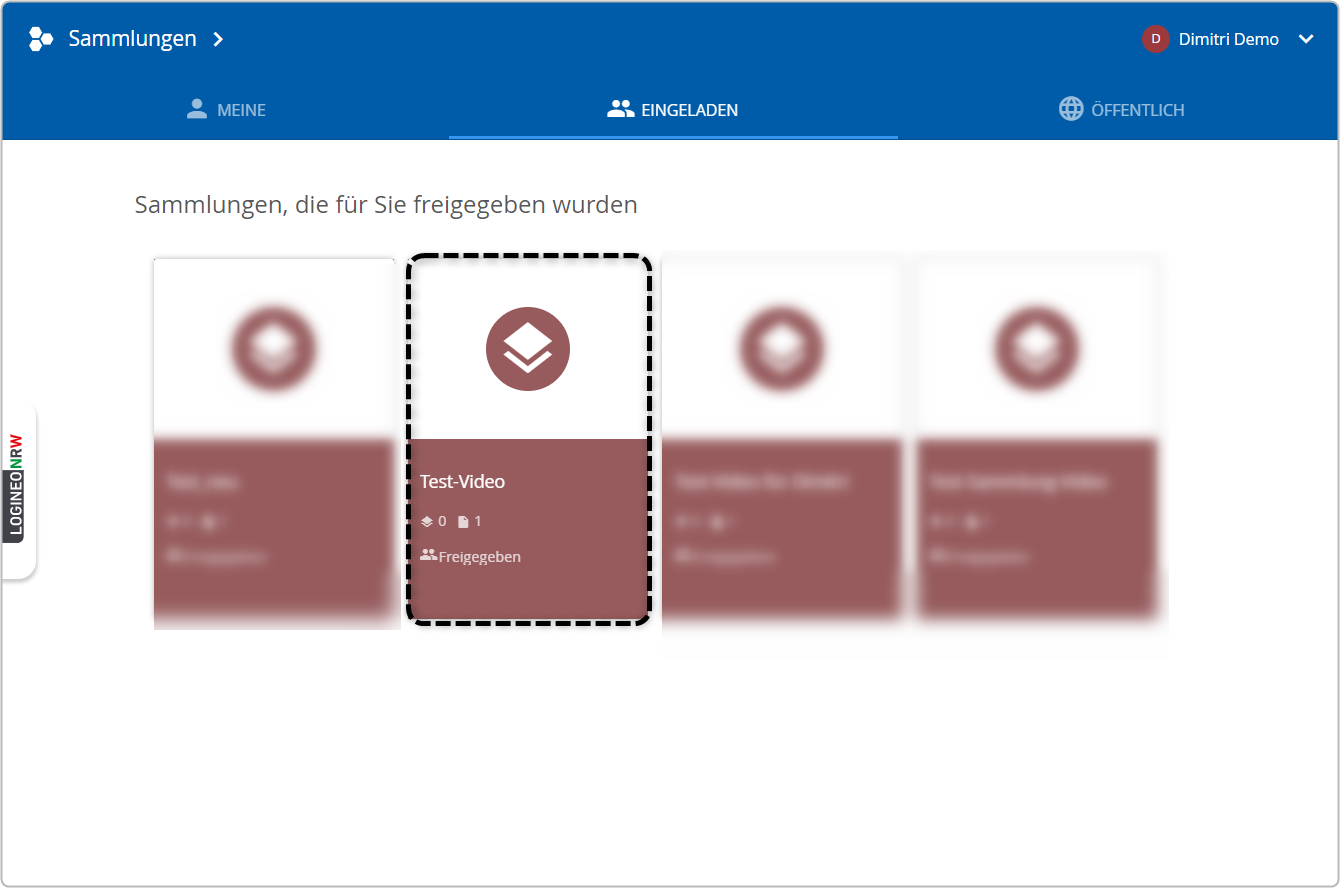 Unter Eingeladen erscheinen verschiedene Sammlungen Test-Video Sammlung markiert