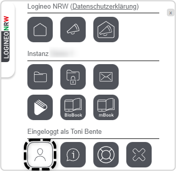 Flyout ausgeklappt, eingeloggt als Toni Bente, Kachel "Mein Konto" aktiv und markiert